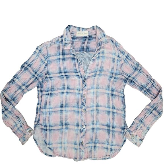 Side Stitch Plaid Button-Up Shirt M 100% Cotton  Pink & Blue light knit fall - Picture 2 of 6